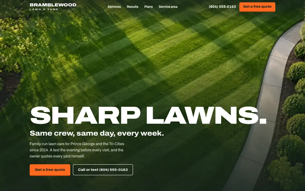 Bramblewood Lawn & Yard home page: the headline Sharp Lawns over a freshly striped green lawn