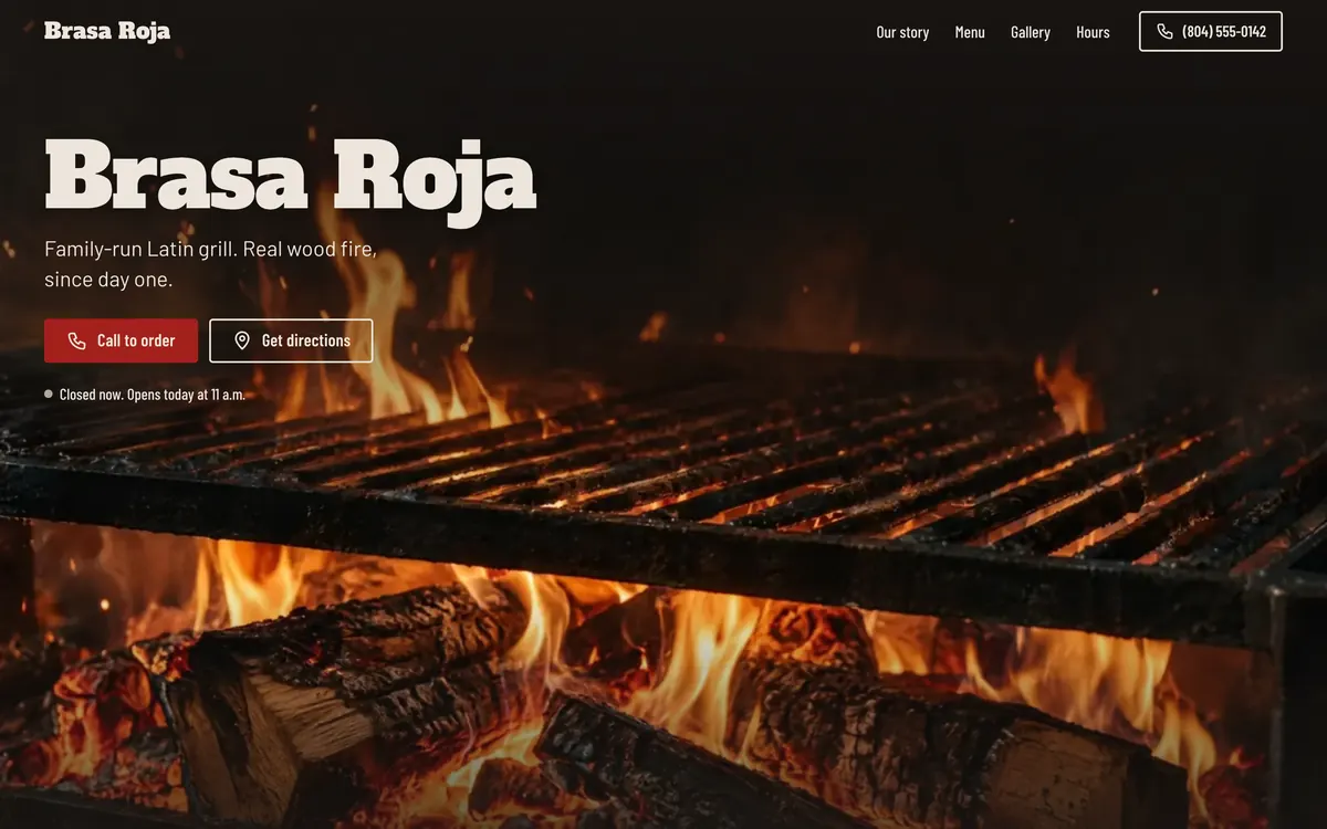 Brasa Roja Grill home page: the name in bold cream letters over a wood fire and grill grate