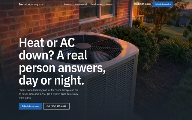 Ironside Heating & Air home page: a headline about a real person answering, over an outdoor AC unit at dusk