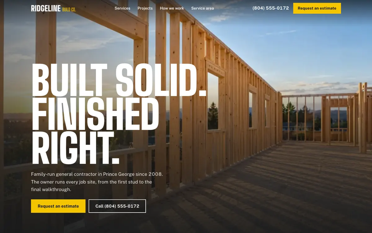 Ridgeline Build Co. home page: the headline Built Solid, Finished Right over fresh wood framing at sunset