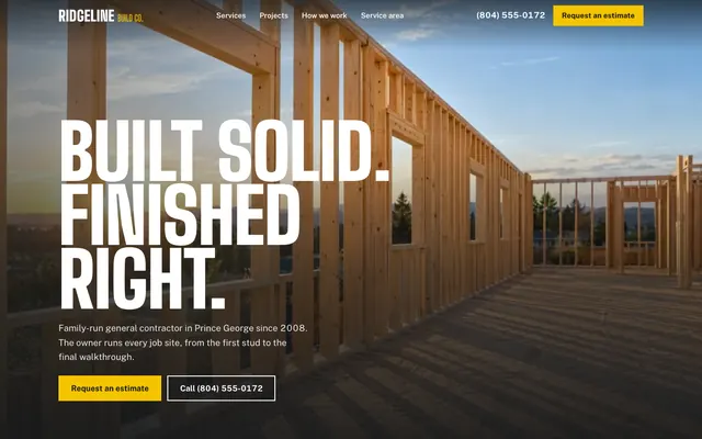 Ridgeline Build Co. home page: the headline Built Solid, Finished Right over fresh wood framing at sunset